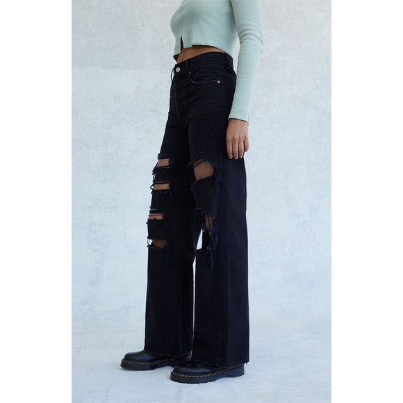 Pacsun Eco Black Distressed High Waisted Baggy Jeans Denim New Ripped Destroyed - Picture 3 of 8